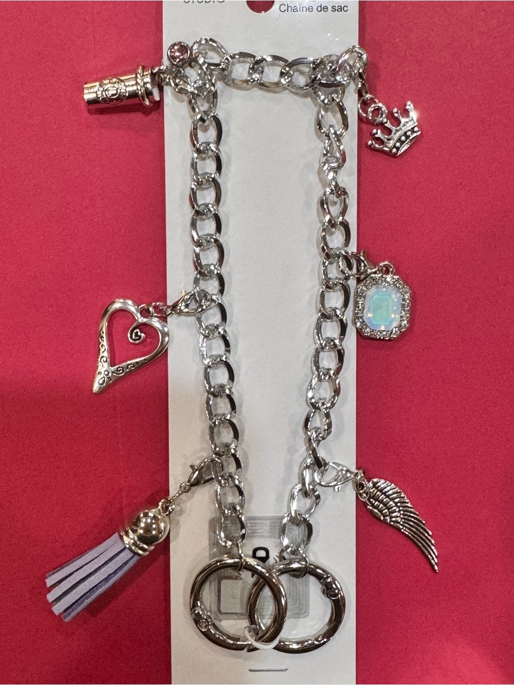 Silver Bag Chain with Charms with Heart, Crown & Tassel - Silver